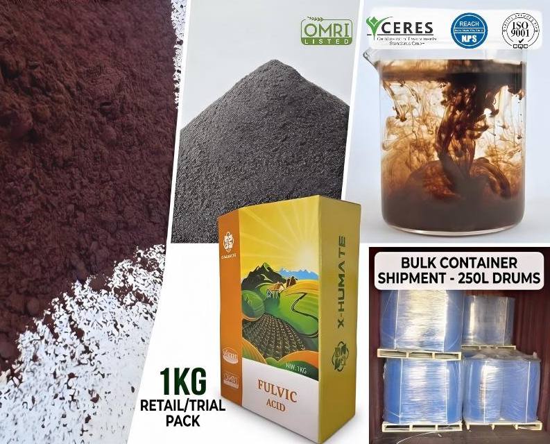 Industrial bulk packaging of premium fulvic acid ready for international export from our factory.